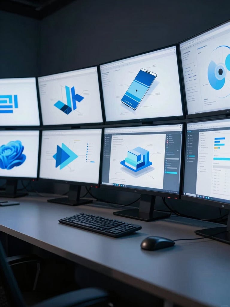 Wide environmental shot of a multi-monitor workstation in a structured studio space, screens displaying abstract brand architecture diagrams and data dashboards, cool blue ambient lighting from the screens illuminating a dark desk surface, shot from a low angle with the monitors filling the upper two-thirds of the frame, no people visible, clean geometric shadows