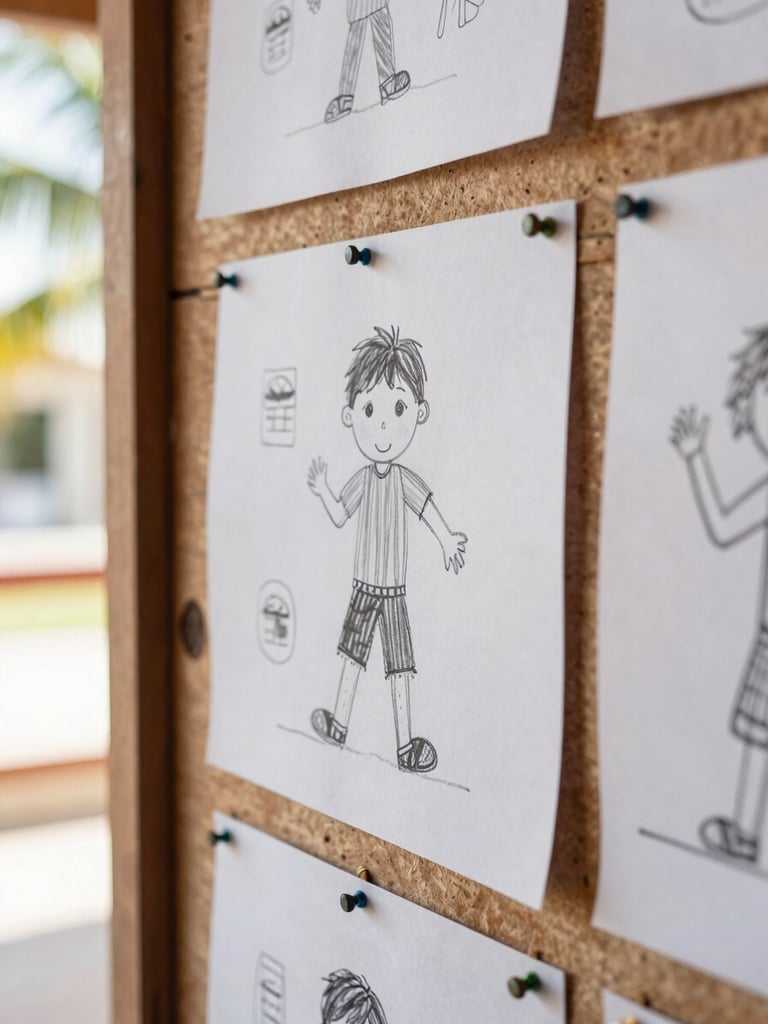 Close-up of raw children's drawings pinned to a wooden workshop wall in Cancún, bright natural tropical light coming from a side window, shallow depth of field.