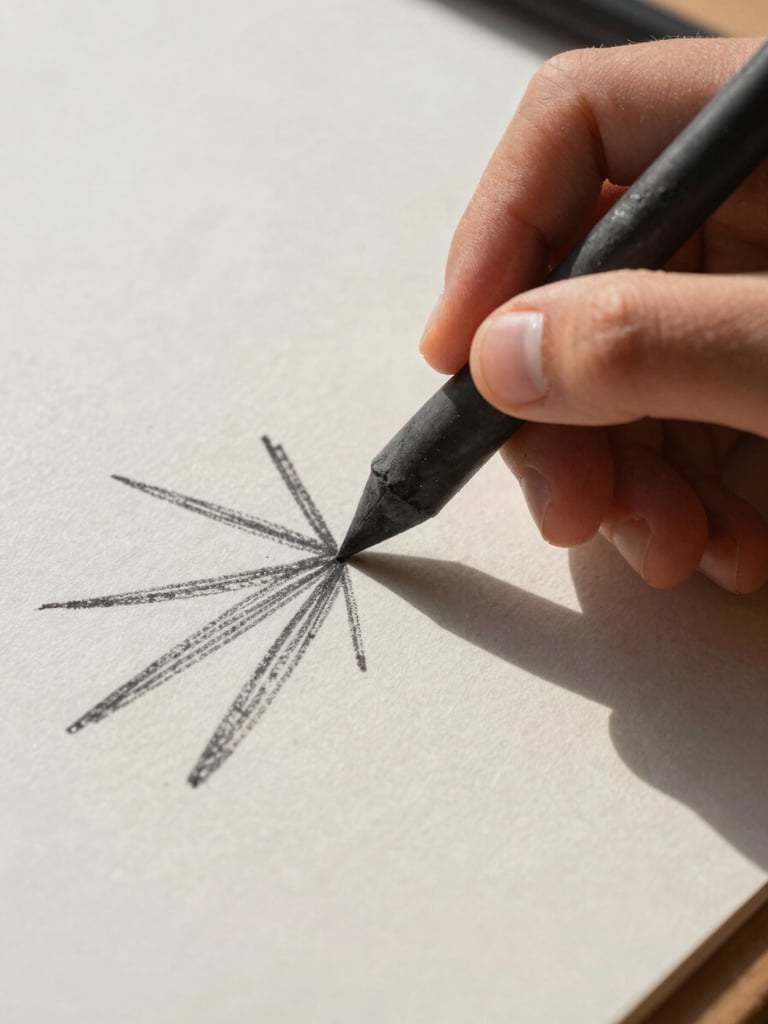 Macro close-up shot of a child's hand holding a thick charcoal stick, sketching bold expressive lines on heavy textured paper, bright natural tropical sunlight casting soft shadows.