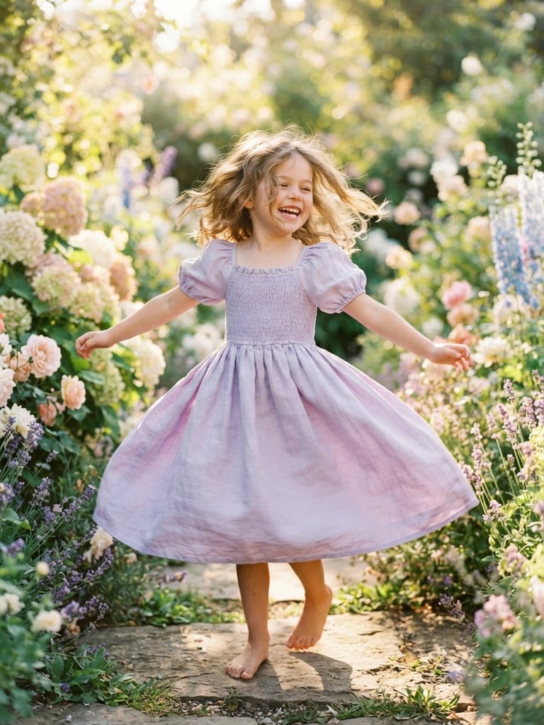 A young girl laughing and spinning in a soft lavender frock, warm morning light, shallow depth of field, 35mm.