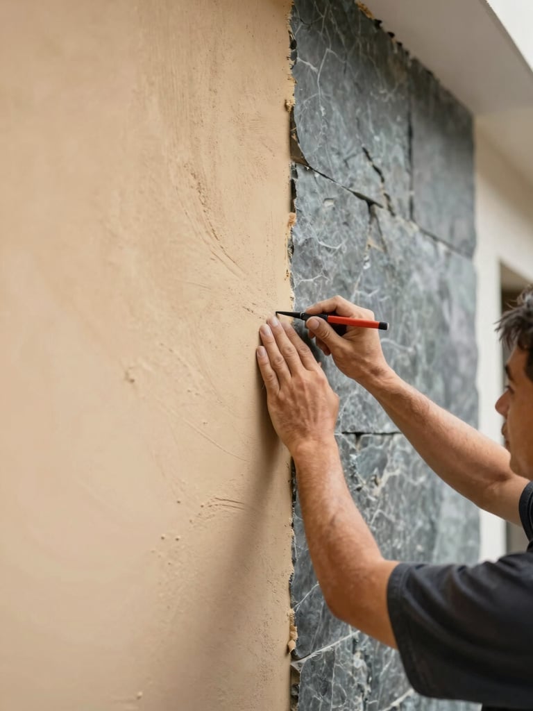 Close-up of a skilled craftsman applying a final touch to a newly renovated wall, showing attention to detail and quality materials. Architectural photography, bright natural daylight, warm sand and slate tones, sharp focus, 35mm lens.