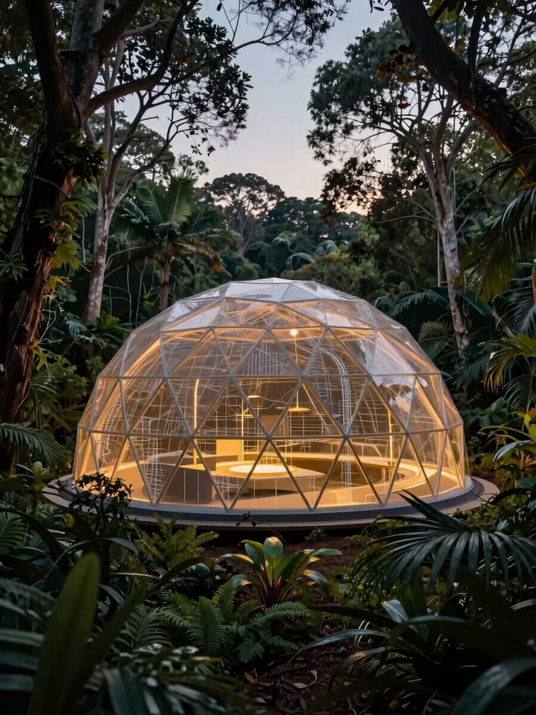 Concept sketch of a futuristic geodesic dome nestled within a dense Australian rainforest canopy at twilight, gold light glowing from within, architectural blueprint lines subtly overlaying the organic textures, cinematic 3:4 portrait crop.