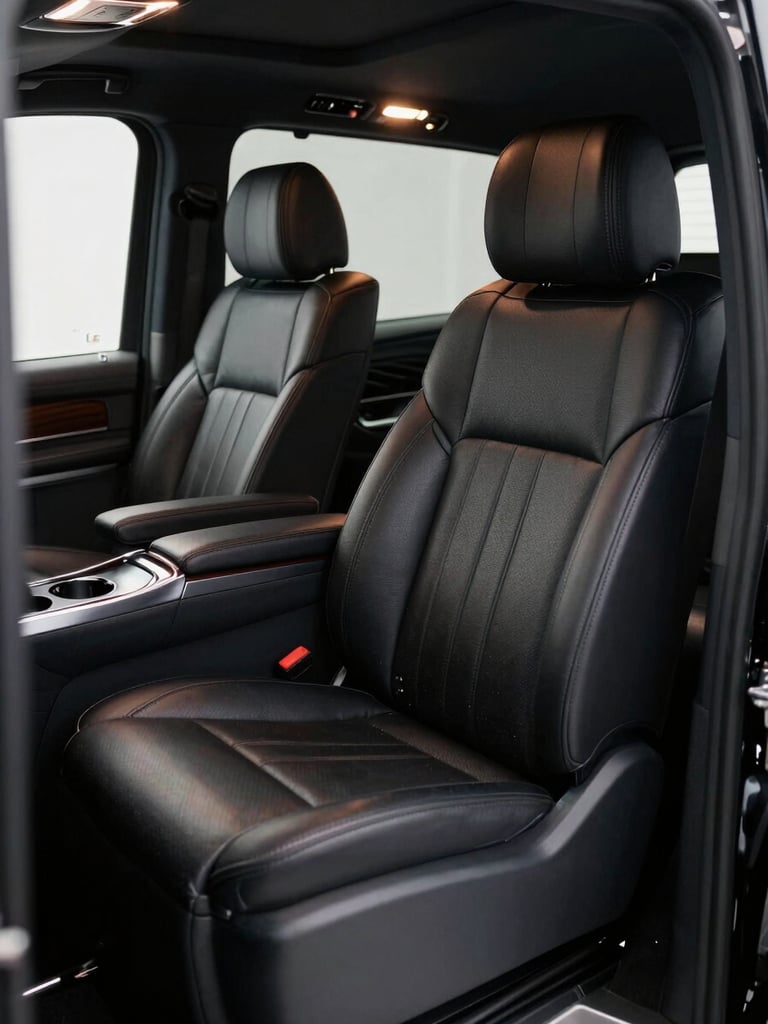 Close-up of Mercedes-Benz V-Class interior, butter-soft black leather captain's chairs, polished dark wood console, cool ambient cabin lighting, door panel detail in foreground, deep shadow framing the composition, no passengers