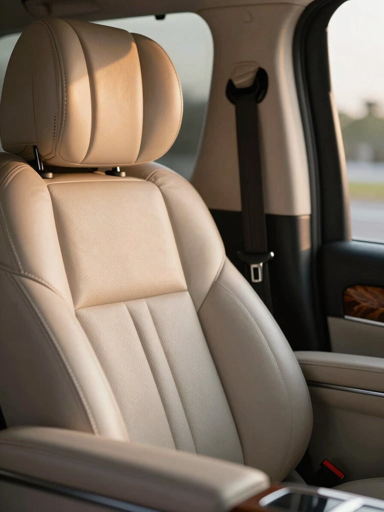 Close-up interior of a Mercedes-Benz V-Class executive cabin at golden hour, champagne leather headrest and polished wood trim in sharp focus, warm directional light entering from the right window, matte dark door panel receding into shadow