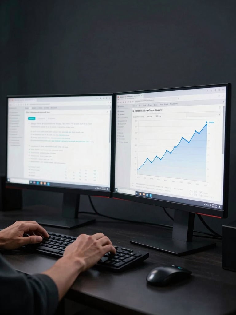 Close wide-angle shot from left side — Shray's hands positioned over a dual-monitor desk showing split-test funnel data and commission graph trending upward, cool studio strobe rim-light creating edge separation on the left, dark charcoal background, tight crop on the screens and hands, no face visible