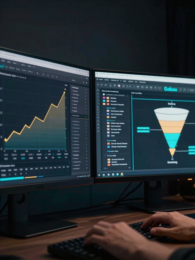 Tight cinematic crop of a dual monitor setup in a dark studio, left screen showing a live affiliate commission dashboard with upward-trending revenue graph in gold and cyan, right screen displaying a sales funnel flowchart — rim lighting from the left casts a cool neon-cyan edge glow on the screens, deep charcoal background with subtle lens flare, no faces visible, hands resting on keyboard in lower frame