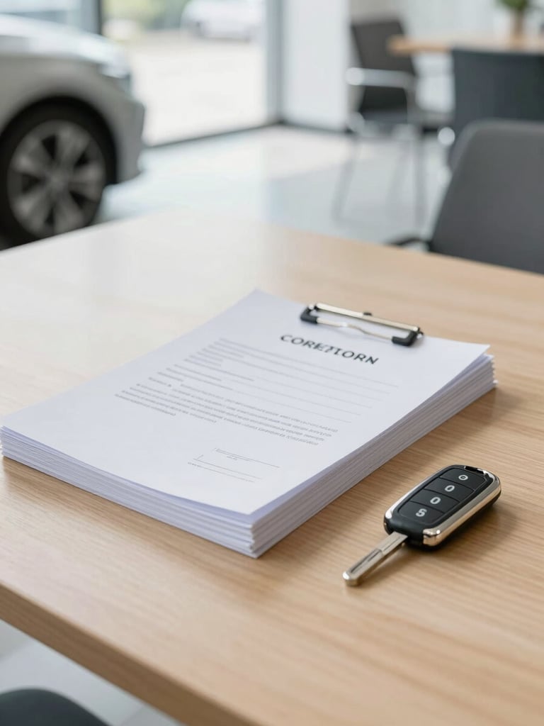 A professional contract signing in a bright modern office, a neat stack of car documents and a modern car key on a clean wooden table, soft daylight