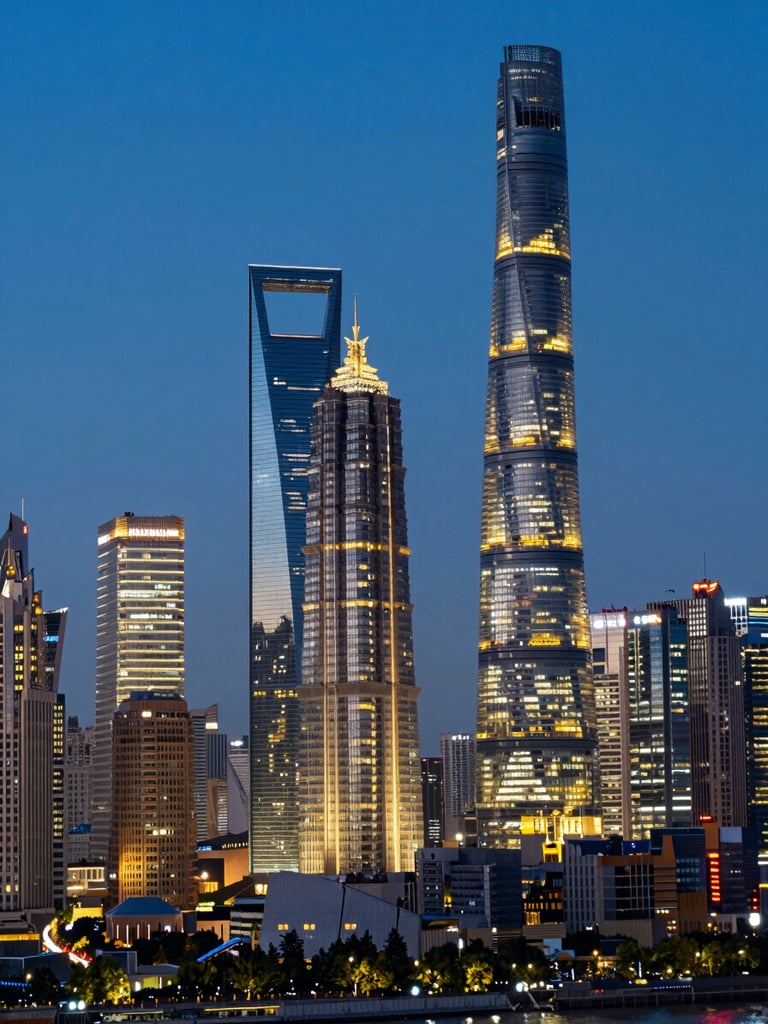 High-altitude panoramic shot of Shanghai Pudong financial district skyline at deep blue twilight, glowing golden office windows, sharp architectural geometry, Hasselblad medium format photography