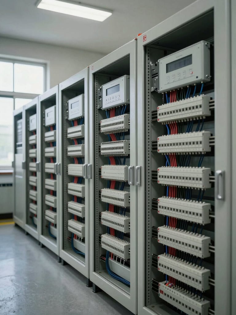 Wide shot of an industrial control panel room, rows of PLC racks and wiring looms visible under overhead fluorescent task lighting, daylight entering from a high factory window on the left, no people in frame, tight framing showing cable organization and terminal blocks