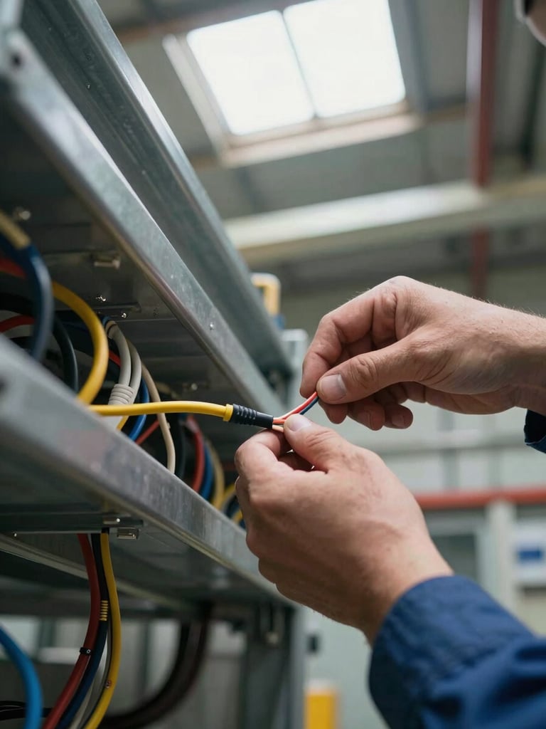 Overhead close-up of an engineer's hands routing colour-coded cables through a steel cable tray inside an open industrial enclosure, daylight entering from a factory skylight, no faces visible