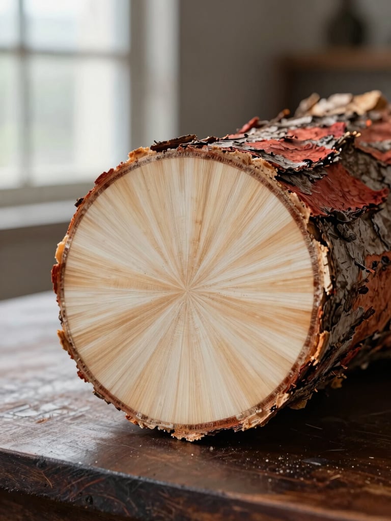 Close-up of Aniba rosaeodora bark cross-section on a dark wooden workbench, pale cream heartwood and reddish outer bark visible, diffuse overcast window light from the left, botanical specimen framing, no hands, sharp detail on wood grain and texture