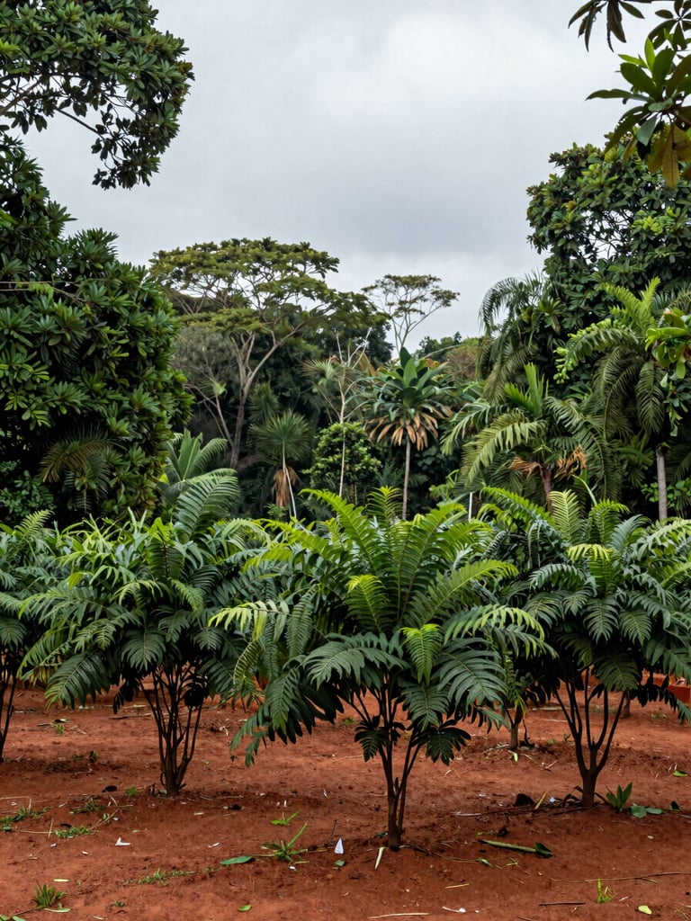 Wide environmental shot of a pimenta-longa cultivation clearing in the Brazilian Amazon, low overcast light, dense green canopy framing the edges, rows of dark-stemmed shrubs in mid-ground, red clay soil visible, no people, documentary framing