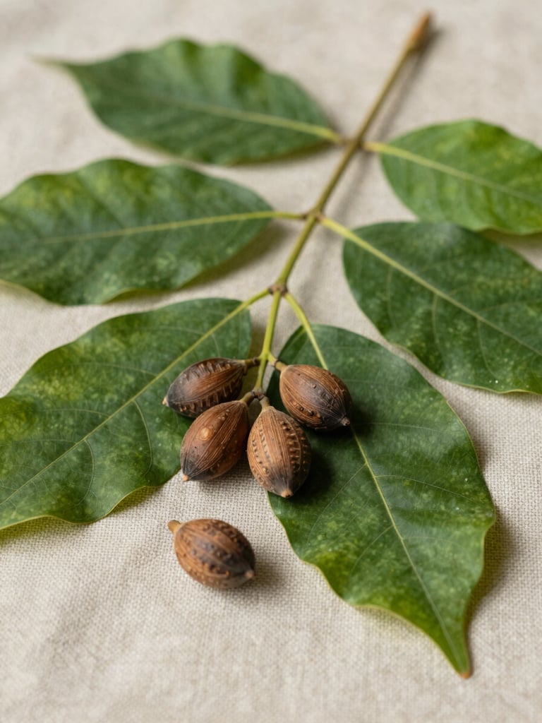 Extreme close-up of fresh andiroba leaves and seed pods arranged on raw linen, natural north-facing daylight, deep forest greens against warm neutral fabric, no shadows cast