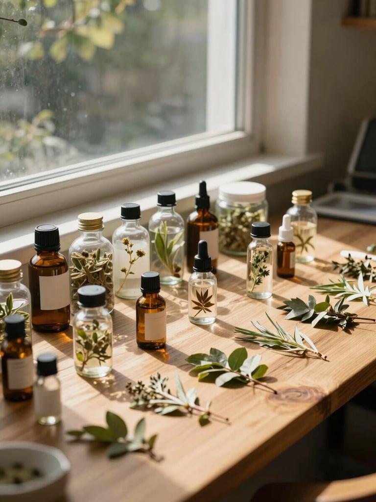 Wide environmental shot of a preparation workspace: glass bottles and botanical samples arranged on a wooden bench under north-facing window light, dappled shadow from leaves outside, warm earthy tones, no people