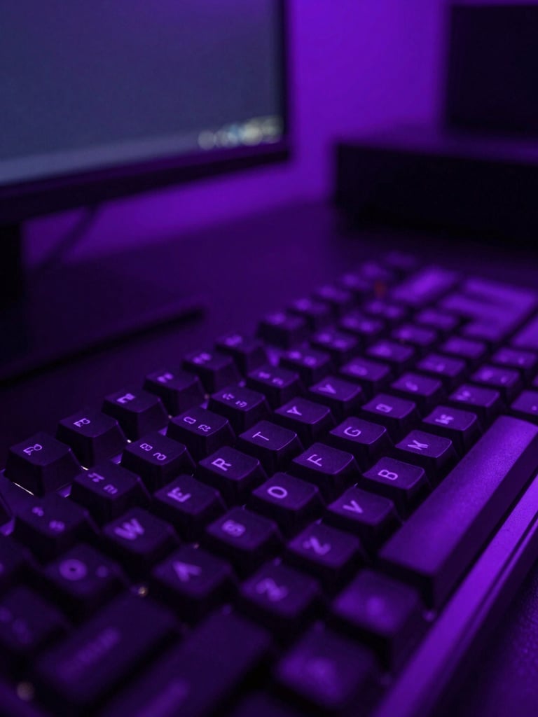 Stylized neon-lit creator workspace, macro close-up of mechanical keyboard and dual monitors glowing with deep violet and purple light, high-contrast obsidian tones, 35mm
