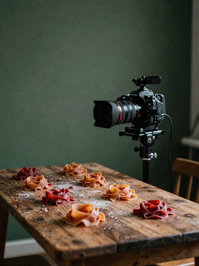 A professional camera rig positioned over a rustic wooden table featuring artisanal pasta, soft natural side-light, moody forest green tones, behind-the-scenes agency work