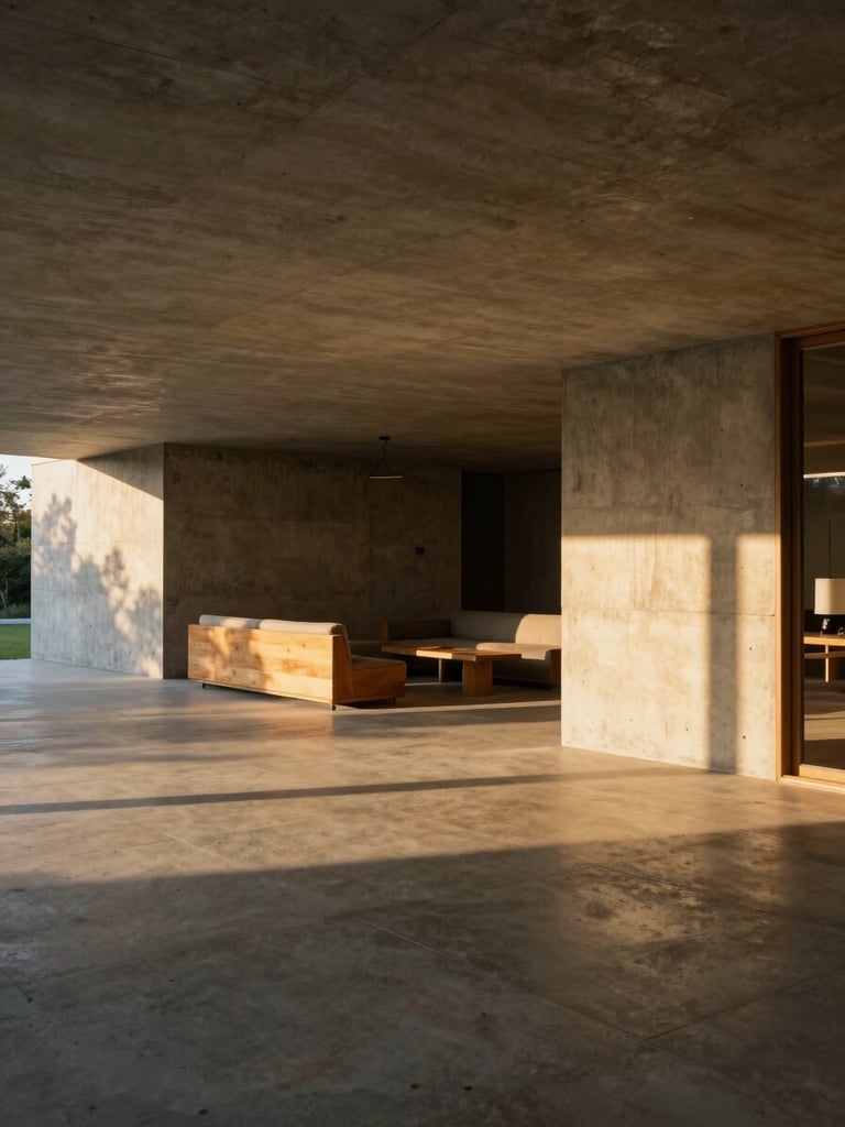 Wide-angle architectural interior of a concrete and timber living space, dramatic golden-hour sunlight casting long shadows across the floor, 35mm