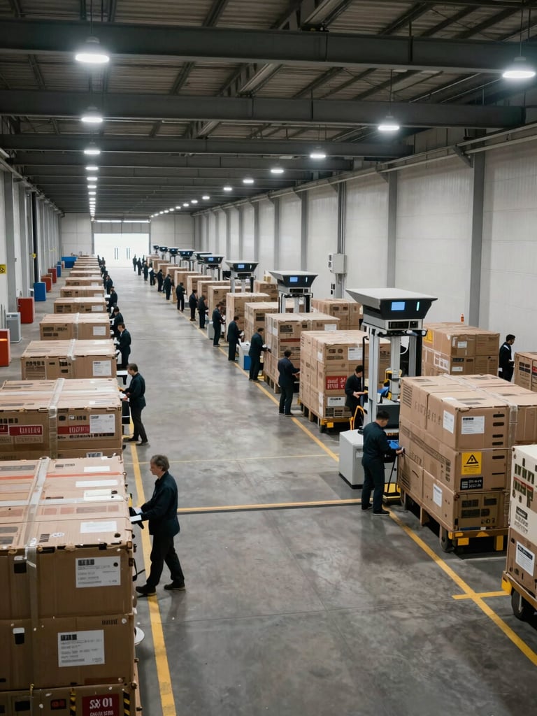Wide environmental shot of a supply-chain checkpoint facility, a long corridor with organized cargo inspection stations, cool overhead industrial lighting, no people, photographed as a place where systems converge