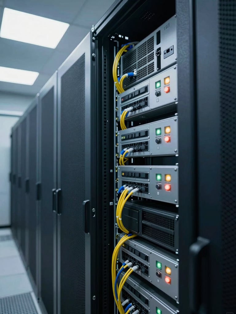 Close-up of a server rack installation inside a data center, cool blue-white overhead lighting, cables organized with precision, monitoring indicators visible on equipment faces, no people, wide environmental framing emphasizing depth of the row