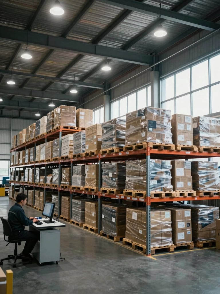 Wide interior of a large organized logistics hub, rows of metal shelving loaded with pallets under overhead industrial lighting, a single worker at a monitoring terminal in the left foreground, cool daylight entering through high windows on the right