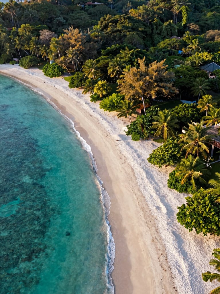 Elevated drone perspective of a pristine Samal Island beachfront lot, crystal-clear turquoise water meeting white sand, lush green tropical canopy, warm golden-hour light.