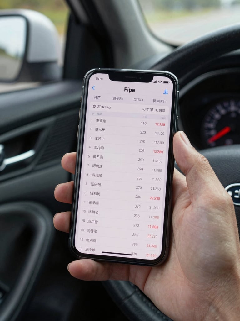 Close-up of a smartphone screen showing a live Fipe pricing table with vehicle model data, held in a hand over a car dashboard, natural daylight from the side window, data clearly readable on screen
