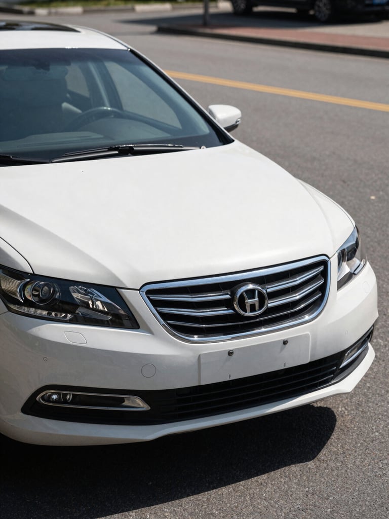 Close-up front three-quarter view of a clean used sedan on a sunlit outdoor lot, natural daylight, asphalt surface, no people, sharp detail on grille and headlights