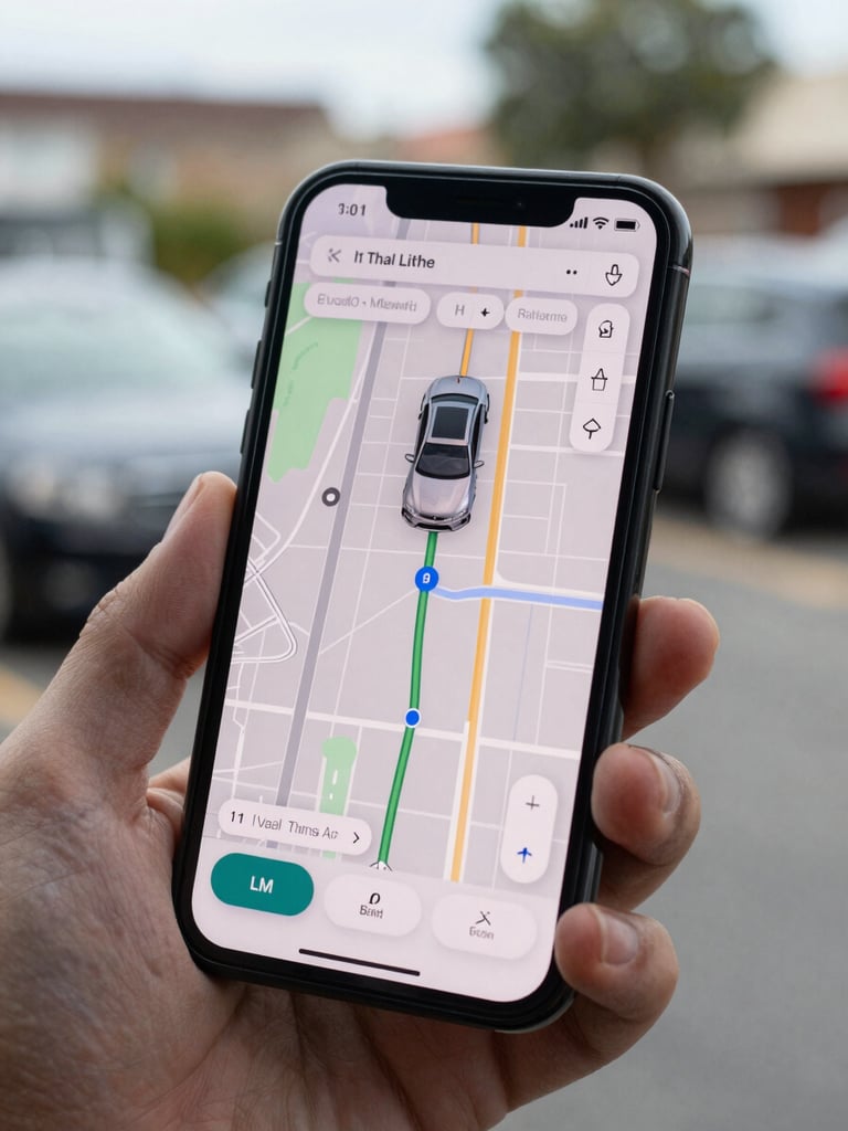 Close-up of a smartphone screen displaying a real-time vehicle tracking map with route markers, held in hand under natural daylight, soft background blur of an outdoor vehicle lot