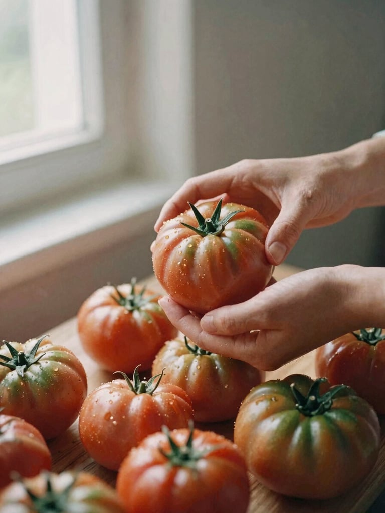 Hands harvesting fresh organic heirloom tomatoes in a sunlit field, soft side-shadows, muted earthy tones, 35mm film.
