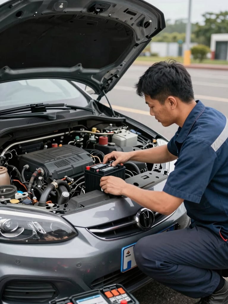 Medium environmental shot of a technician kneeling beside an open engine bay in a parking lot, installing a new battery, overcast daylight, service kit visible on the ground, direct documentary framing