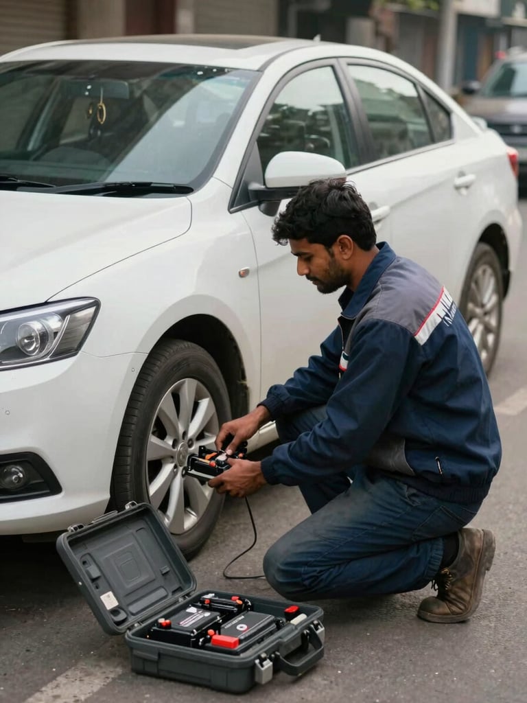 Medium environmental shot of a technician in a NIXA-branded jacket kneeling beside a sedan on a Gurugram street, service kit open beside him, battery being lifted into position, midday overcast natural light