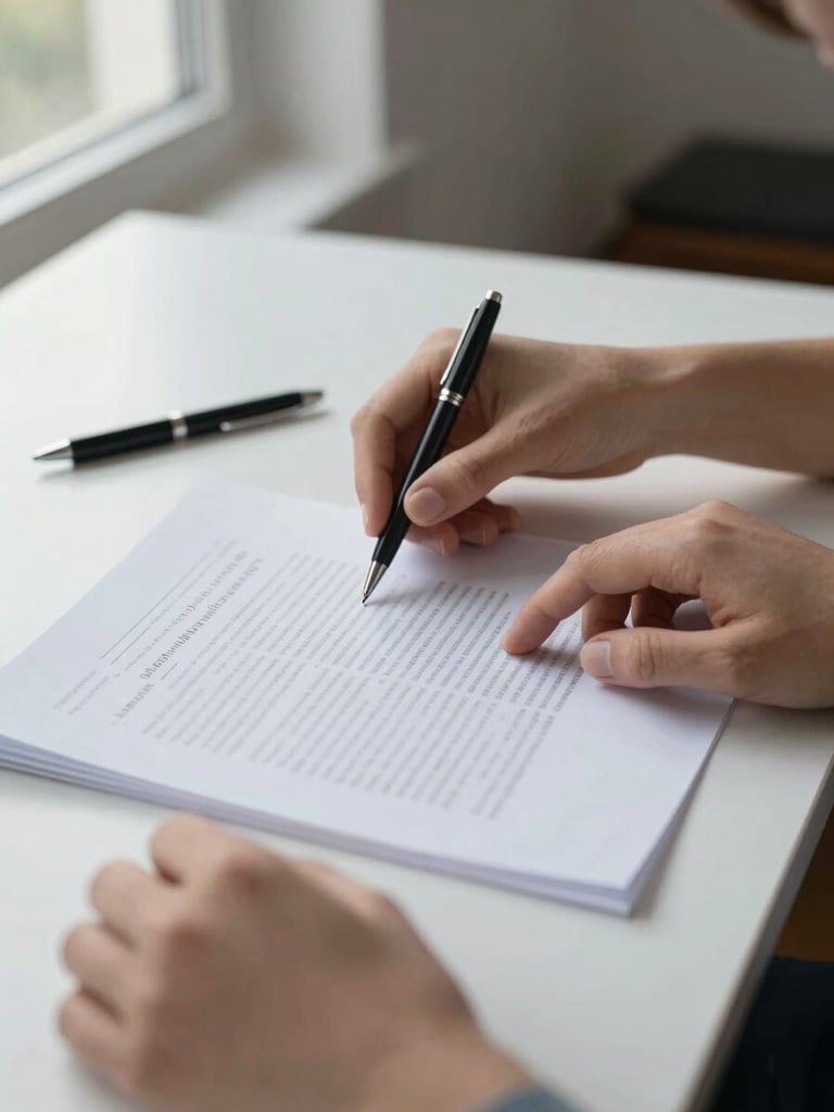 Close-up of hands at a desk turning pages of a printed document, a pen resting nearby, soft natural daylight from a window to the left, clean white paper surface, calm and focused work atmosphere