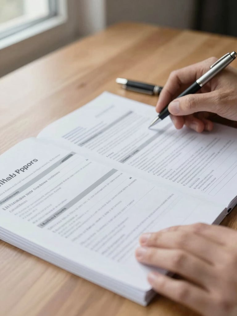 Close-up of hands turning pages of a printed health plan comparison document on a wooden desk, a pen resting nearby, soft even daylight from a window to the left, shallow depth of field on the document pages