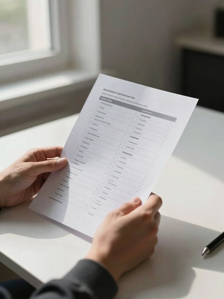 Close-up of hands holding a printed document with plan comparison columns, natural window light from the left casting a soft shadow on the table surface, a pen resting beside the paper, calm and focused composition with generous negative space to the right
