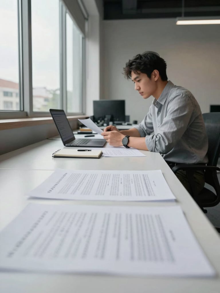 Wide environmental shot from inside a quiet open-plan office, a focused professional seated at a desk reviewing printed documents and a laptop screen, even natural daylight from large windows to the left, clean desk surface with a notepad and pen visible, shallow depth of field on the papers in the foreground, calm and deliberate atmosphere