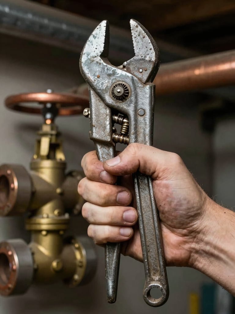 Close-up of a weathered hand gripping a pipe wrench on a brass gate valve, shot tight in available basement light, steel and copper pipes visible in the background, no flash, gritty and real