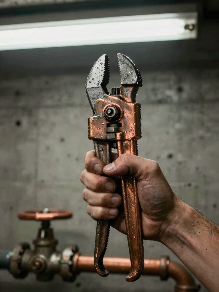 Close-up of a weathered hand gripping a pipe wrench on a copper gate valve under dim basement fluorescent light, water droplets visible on the pipe surface, concrete wall in background
