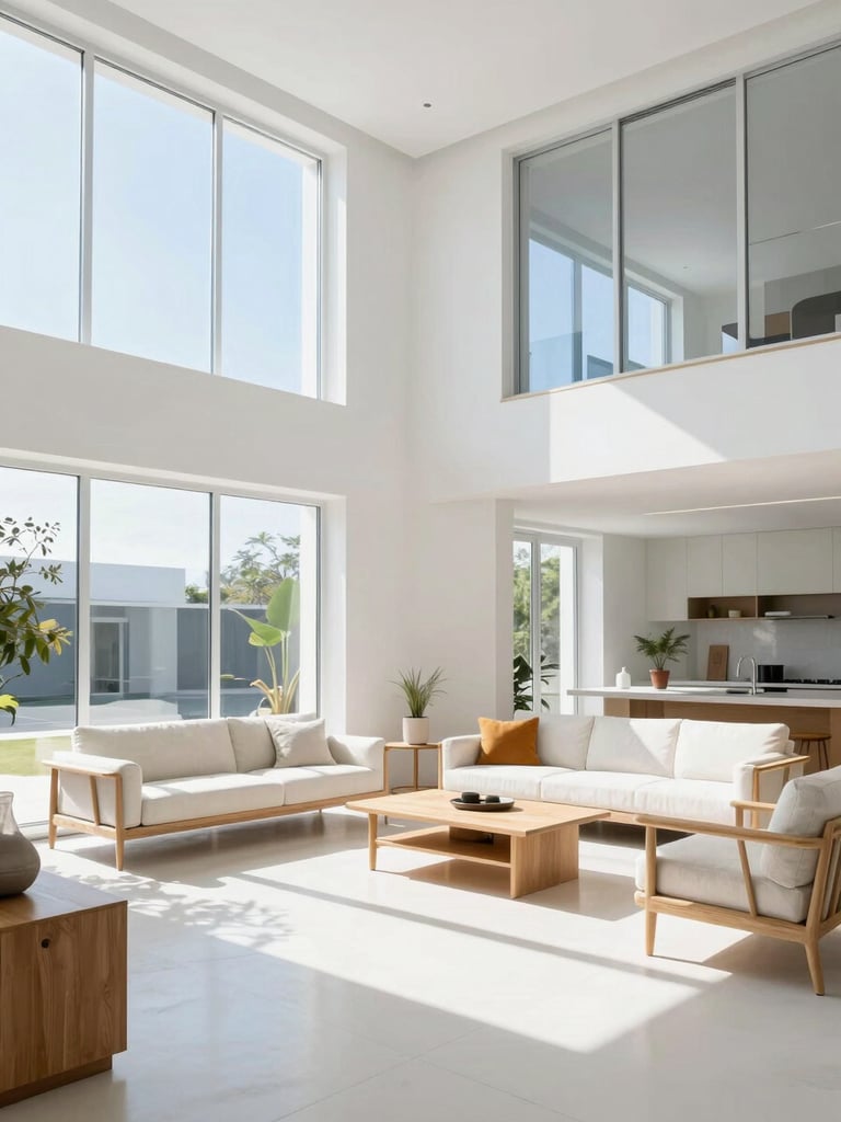 Bright sunlit modern living room interior with clean white walls, minimalist oak furniture, natural daylight pouring through large windows, high-key architectural photography