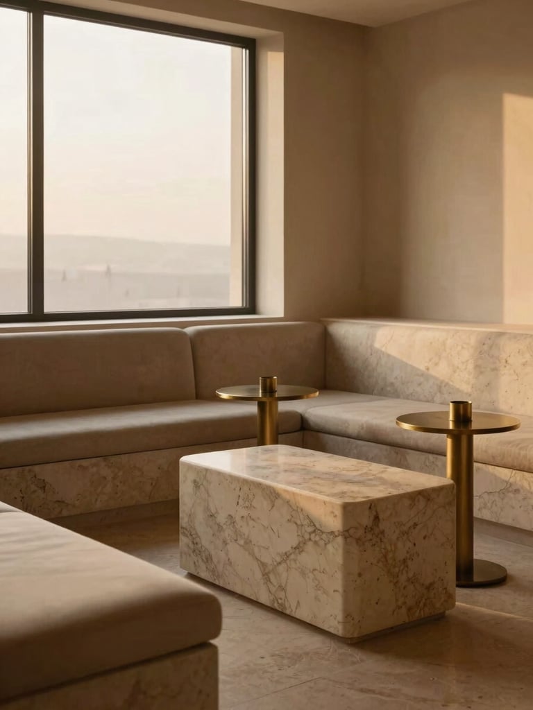 Architectural shot of empty luxury spa lounge, soft golden-hour window light, rich travertine textures, deep brass accents, minimalist design, 35mm