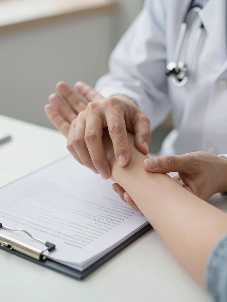 Close-up of a physician's hands during a clinical examination, holding a patient's forearm gently while reviewing assessment notes on a clipboard, soft diffused north-facing daylight, clean clinical surface in the background, eye-level framing, calm focused atmosphere