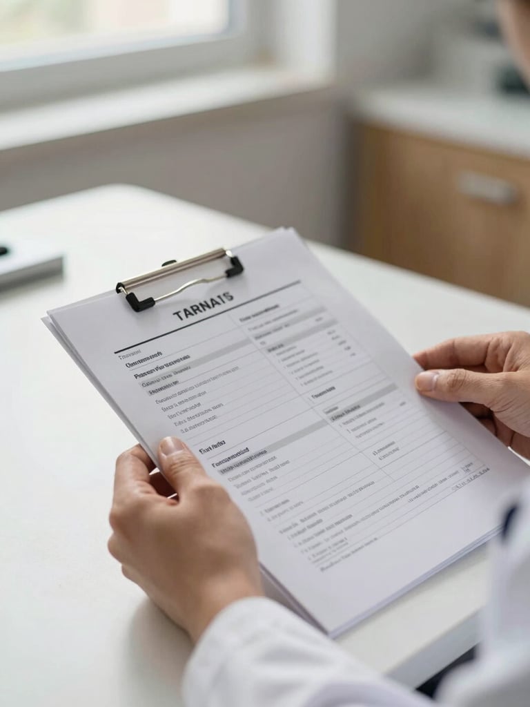 Close-up of a physician's hands holding a clinical assessment form during a consultation, soft diffused daylight from a side window, clean clinical desk surface visible in background, warm neutral tones, no patient face visible