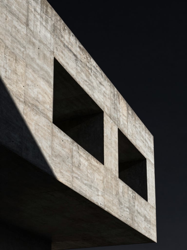 Dramatic vertical crop of hard-edged raw concrete architecture against a pitch-black sky, high-contrast studio key light casting deep geometric shadows.