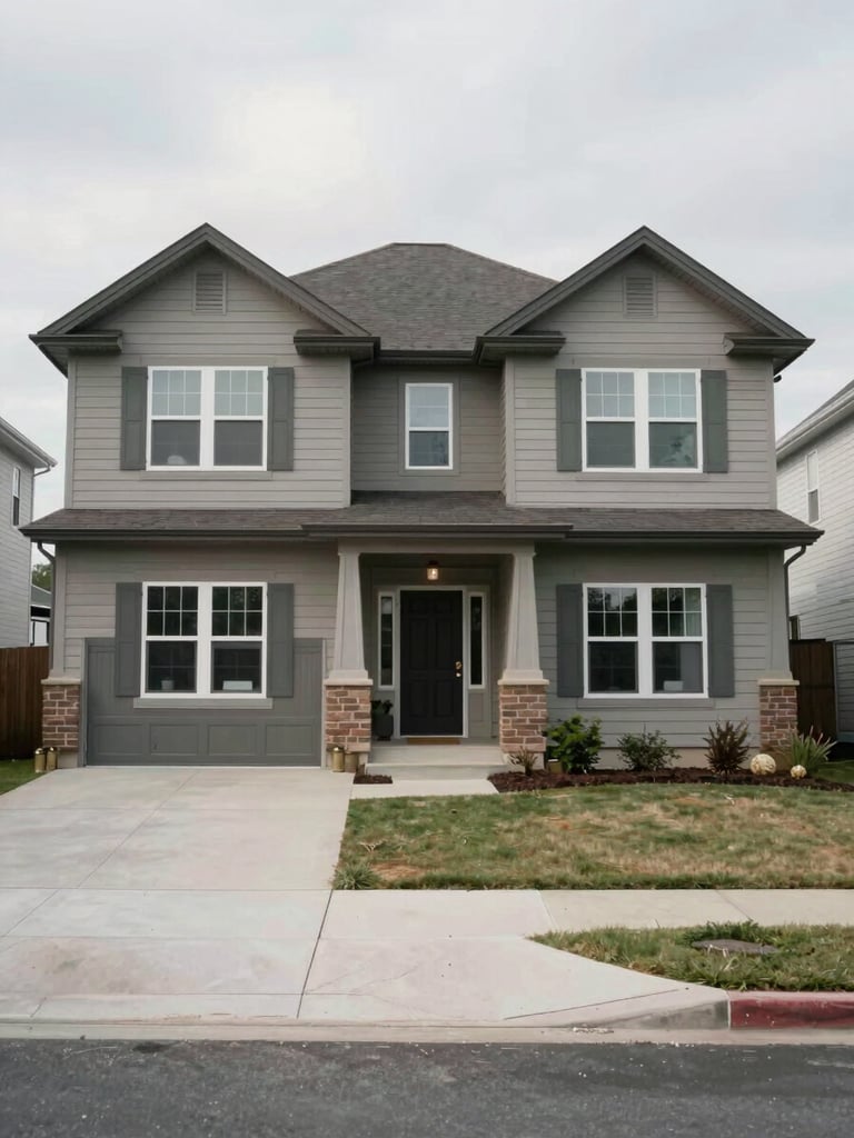 Wide-angle exterior shot of a two-story suburban house facade under flat overcast daylight, centered on the front door and driveway, no people, factual inventory framing
