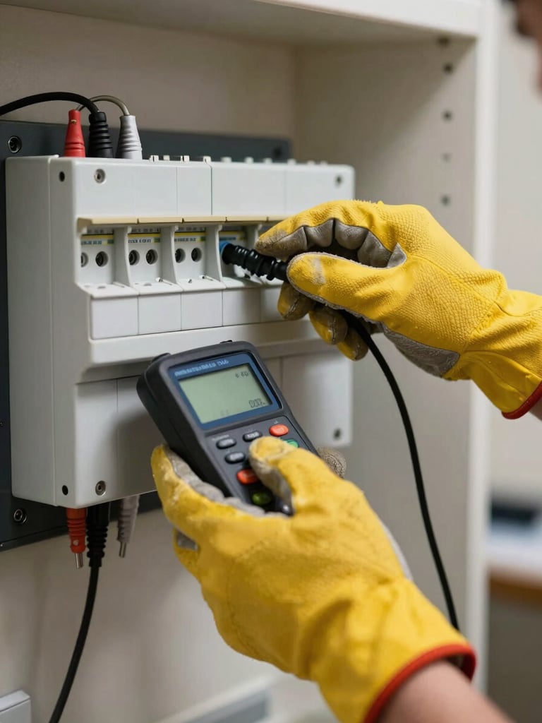 Primer plano de manos de un electricista profesional con guantes de seguridad amarillos manipulando un cuadro eléctrico residencial con un multímetro digital, iluminación técnica enfocada.