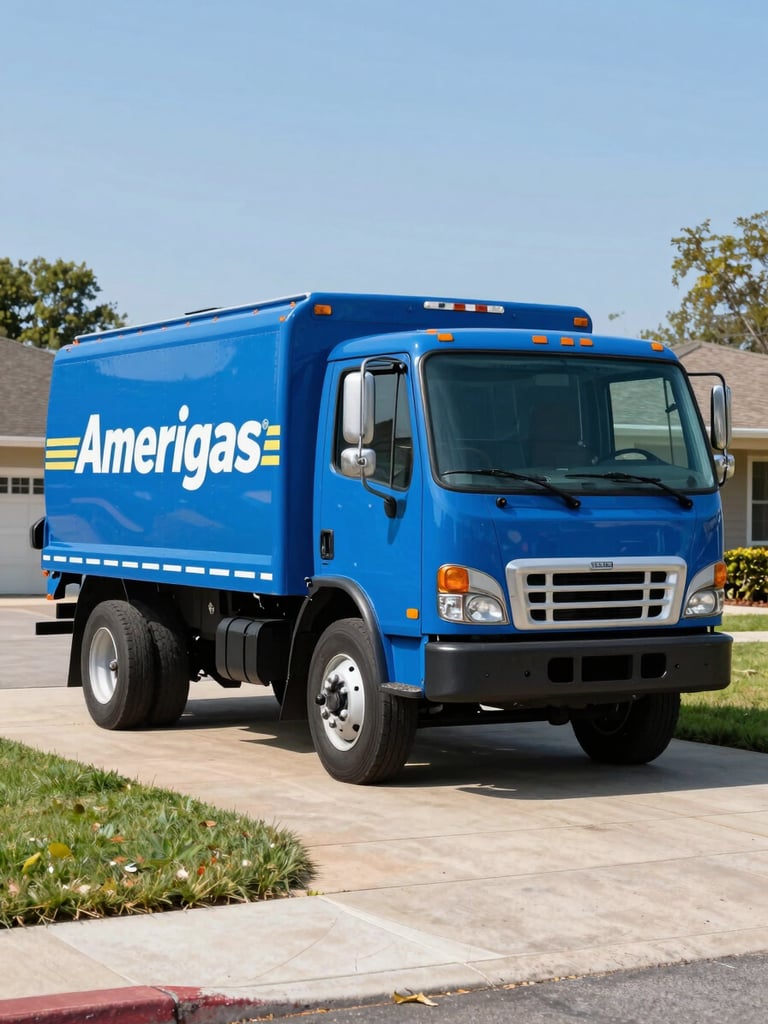 A clean blue Amerigas propane delivery truck parked on a suburban driveway, bright clear daylight, environmental shot