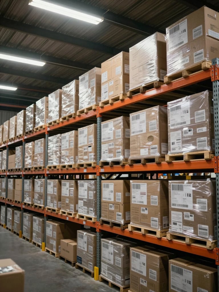 Wide shot of organized warehouse shelving under bright overhead institutional fluorescent light, sealed product boxes stacked in uniform rows, barcodes and serial number labels visible, no people, austere inventory system framing