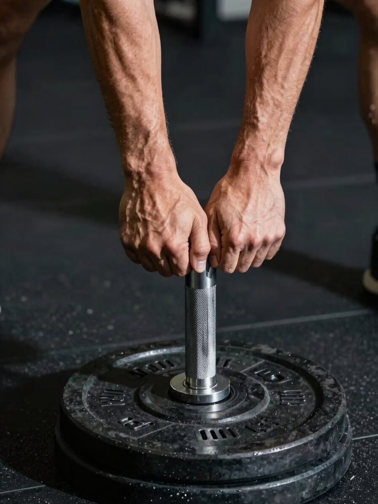 Close-up of two hands gripping a knurled barbell loaded with iron plates, shot from above on a dark rubber gym floor, studio strobe light casting hard shadows across the knuckles and collar, shallow depth of field on the grip