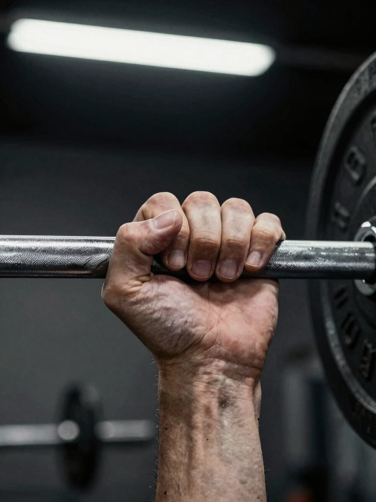 Close-up of a chalk-dusted hand gripping a steel barbell in a dark weight room, fingers wrapped tight, knuckles sharp against the cold metal, single overhead light casting hard shadow across the grip — no face, no background detail, just the contact point between effort and iron