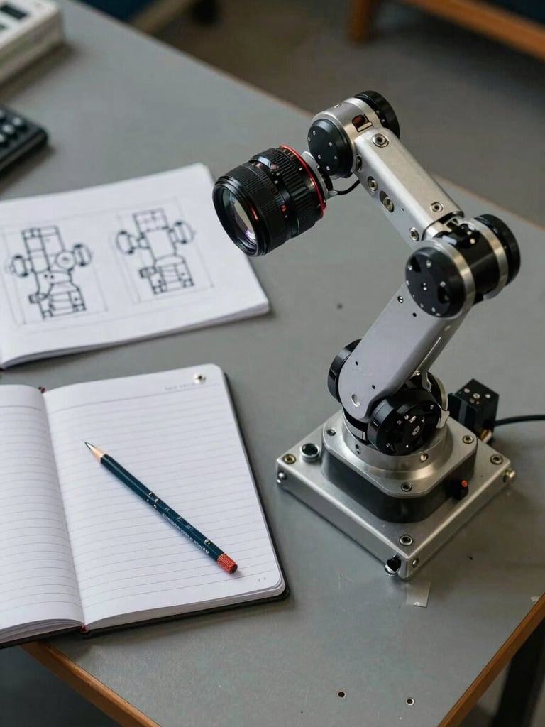 Close overhead view of a robotics workbench, engineering notebook open beside a partially assembled robot arm, mechanical pencil and printed CAD sheet visible under diffuse workshop lighting