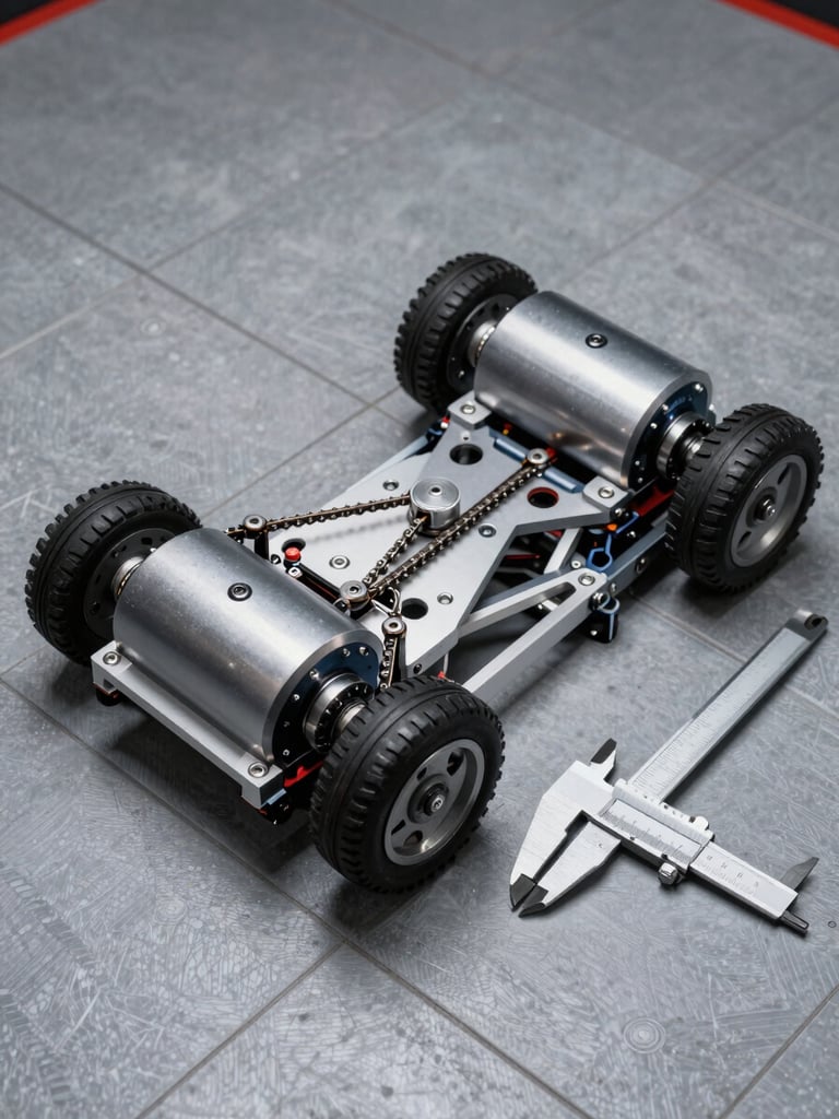 Overhead view of a robot drive base on a gray competition tile, two motor pods and chain tensioners visible, a caliper resting beside the frame measuring wheel spacing, sharp studio strobe light emphasizing the machined surfaces